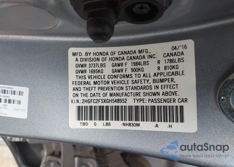 2016 Honda Civic Lx from USA, damaged, VIN 2HGFC2F5XGH548952